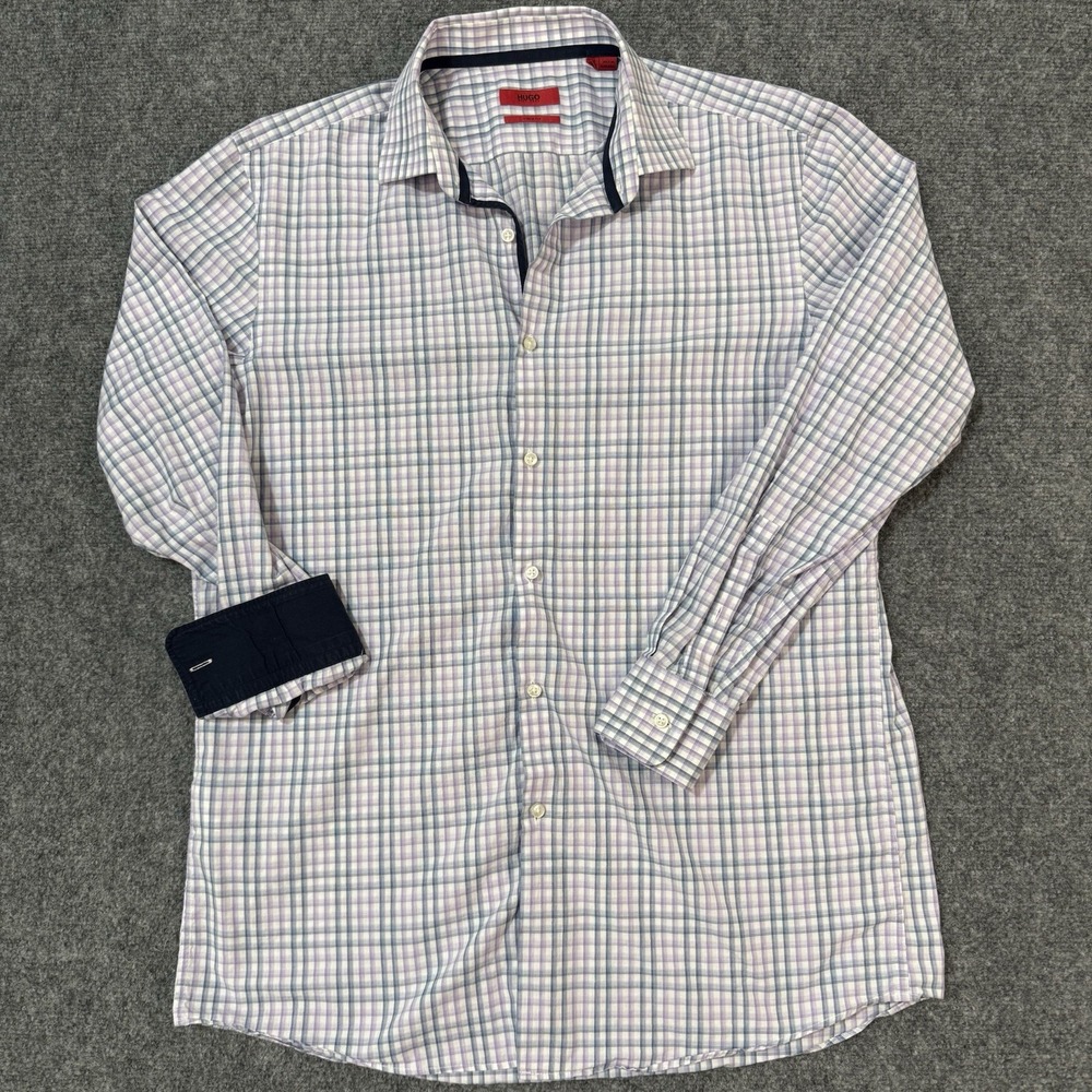 👔 Hugo Boss Sharp Fit Shirt Mens 16.5 42 Purple Check Long Sleeve Dress Shirt